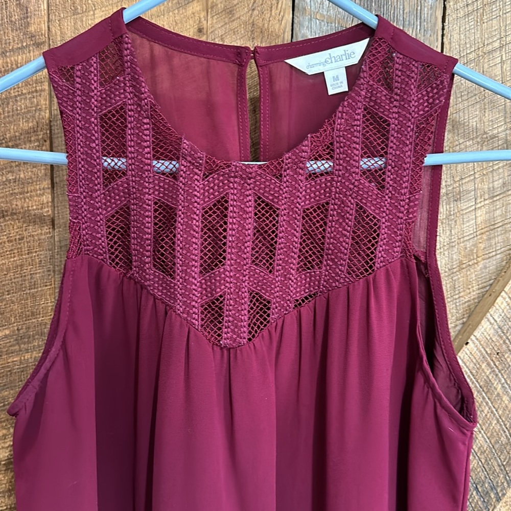 Charming Charlie dark wine lace front sheer overlay lined mini dress size medium - Picture 3 of 8